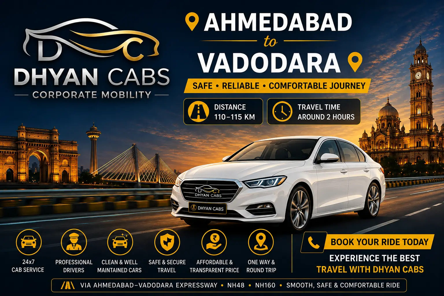 Ahmedabad to Vadodara cab route